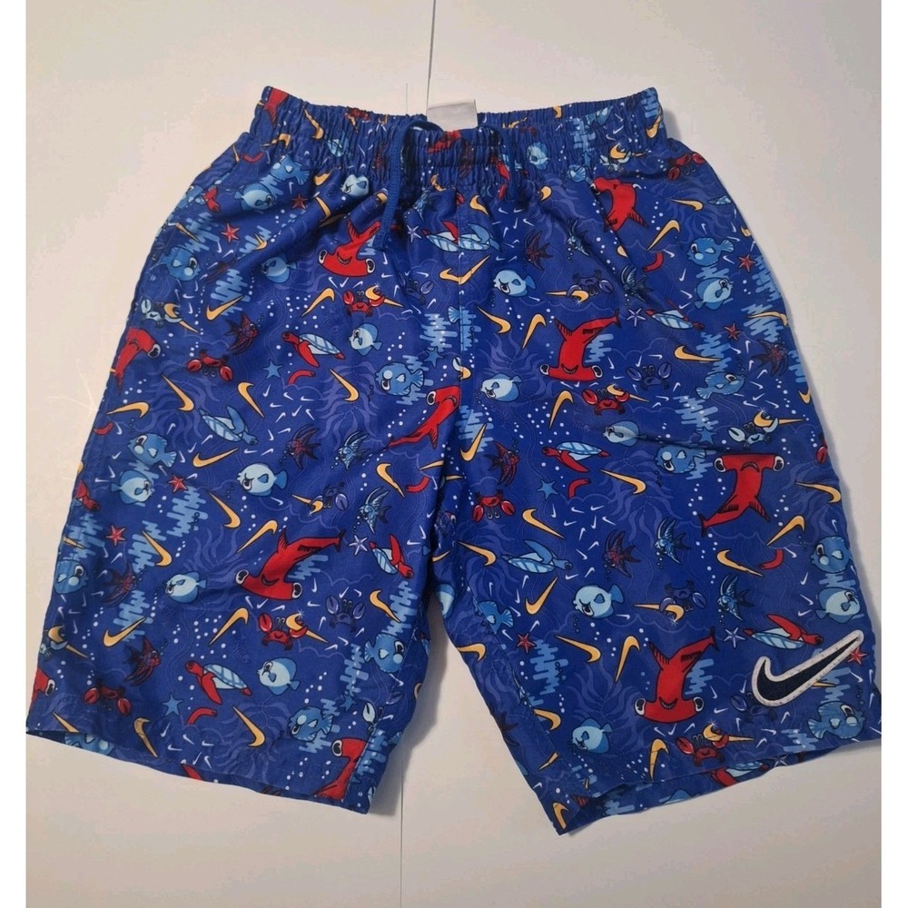 Nike Boys Medium 10-12 Swim Trunks Blue Shark Fish Print Mesh Lined Swoosh